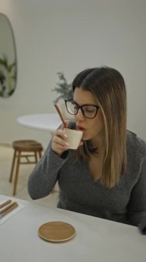 Modern lüks bir restoranda kahvesini yudumlayan bir kadın modern bir kafeterya ortamında rahat anını yakalıyor..