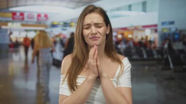 Elleri sımsıkı bağlı beyaz bir kadın yoğun havaalanı terminalinde güvenli yolculuk için dua ediyor..