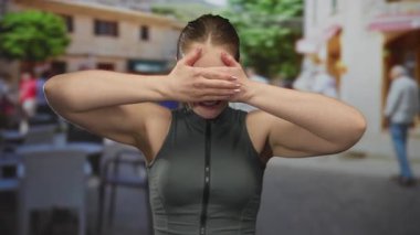 Kadın yoğun bir şehir caddesinde iki eliyle gözlerini kapatır, sonra kollarını kaldırır ve geniş bir şekilde gülümser; neşe enerjisi.