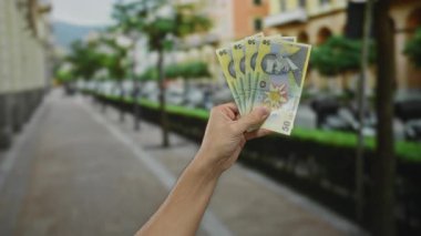 Elinde Romen leu banknotları tutan bir adam şehir sokaklarında açık havada yerel para sergiliyor. Arka planda bulanıklık var ve ağaçlar yolu kapatıyor..