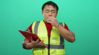 Güvenlik yeleği giymiş genç adam elinde pano tutarak yeşil arka plana hapşırıyor ve işyerindeki sağlık sorununu gösteriyor