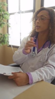 Beyaz önlüklü kıvırcık saçlı kadın doktor masa başında klinikteki panoya kalem doğrultuyor. Profesyonel empati..