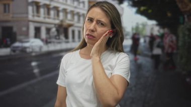 Şehir caddesinde binalarla dolu bir sokakta diş ağrısı için el ele tutuşan beyaz gömlekli orta yaşlı sarışın kadın..