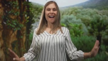 Çıplak omuzlu genç sarışın kadın, parktaki parlak yeşil ağaçların arasında gülümsüyor, hafif esintili, sükunet, huzur ve sükunet..