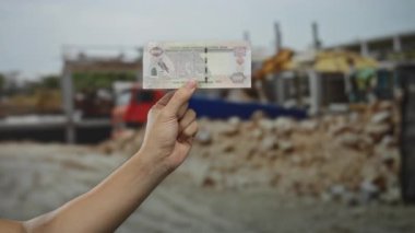 İnşaat alanında el ele tutuşan Birleşik Arap Emirlikleri 'nden Dirham. Açık havada para gösteren bir adam var..