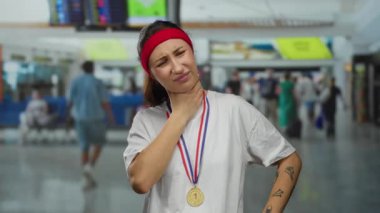 Havaalanında madalya ve saç bandı takan bir kadın. Bulanık gezginler ve oturma yerlerinden rahatsızlığını gösteriyor. Seyahat yorgunluğunu ve kendini kötü hissetmesini öneriyor..