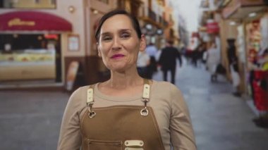 Kalabalık bir sokakta önlük takmış gülümseyen bir kadın canlı bir şehir manzarası yakalıyor. Arka planda bulanık bir şehir hayatı sergiliyor..