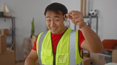 Evin anahtarlarını elinde tutan genç adam mutlu bir ifadeyle, taşınmayı ya da emlak satın almayı öneriyor.