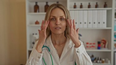 Klinikte steteskoplu bir kadın hastane odasında genç bir sarışın gibi doktor üniforması giyerken yüzünü ovalıyor..