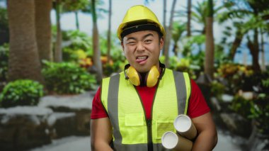 Parktaki genç adam, sıkı bir şapka ve yelek giymiş elinde planlar, ağaçlarla çevrili planlar, dış mekandaki inşaat ve planlamayı somutlaştırırken elinde espriler tutuyordu..