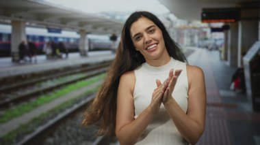 Gün ışığında tren istasyonunda el çırpan kadın. Mutluluk..