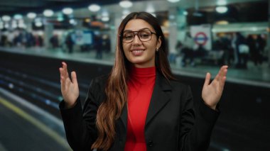 İspanyol kadın hareketli kapalı bir tren istasyonunda arka planda bulanık, gözlüklü, parlak ışıklı kırmızı elbiseli, şehir içi seyahatlerini gösteren.