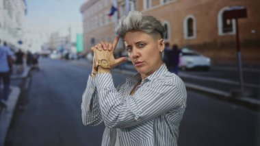 Yoğun caddede mavi çizgili gömlek giyerken kadın el tabancası hareketi yapıyor; oyuncu özgüven.