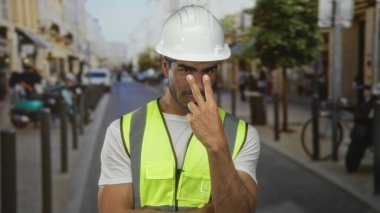 Kask ve yansıtıcı yelek giymiş genç İspanyol mühendis bir şehir caddesinde gözleri işaret ediyor; kararlılık odaklı dayanıklılık.