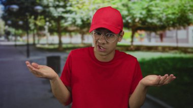 Genç İspanyol kurye, yeşil park yolu tarafından çerçevelenmiş kırmızı başlık ve tişört giyerek iki elini de silkti;.