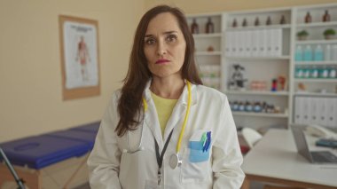 Kadın doktor, klinik muayene odasında iki eliyle yuvarlak gözlükleri ayarlar; berraklık profesyonelliği hassasiyetine odaklanır.