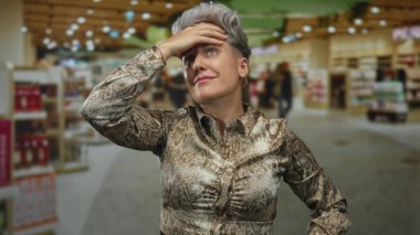 Kısa gümüş saçlı, desenli bluz giyen bir kadın bir binada başını iki elinde tutuyor. Stres..