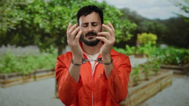 Ağaçlarla çevrili yeşil bir parkta elleri kelepçeli turuncu tulumlu İspanyol bir adam..