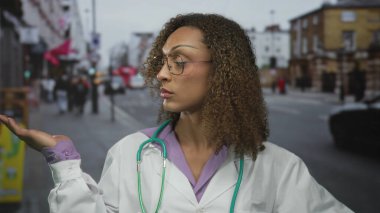 Steteskoplu kadın doktor yoğun bir caddede dururken avuç içini kaldırıyor ve işaret ediyor; belirsizlik.