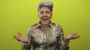 Kısa, gümüş saçlı, yılan desenli bluz giyen, parlak yeşil bir stüdyoda avuç içi açık el çırpan bir kadın..