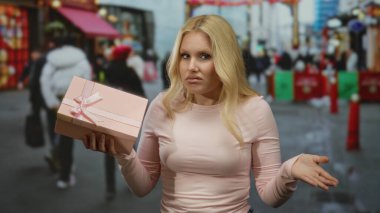 Şehrin hareketli sokak arkaplanında pembe hediye kutusu tutan kadın, şehrin canlı atmosferindeki günümüze dair karışık duygular paylaşıyor..