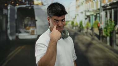 Bir şehir caddesinde, boynunda kulaklıklarla genç bir adam güneşli bir günde arkasında park etmiş bir minibüsle neşeli bir yüz ifadesi sergiliyor..