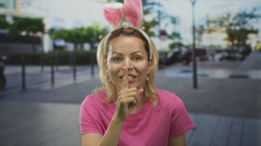 Pembe gömlekli, tavşan kulaklı genç bir kadın şehir sokaklarında parmaklarını dudaklarına bastırıyor..