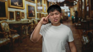 Genç Çinli bir adam, arka planda süslü bir sanat eseriyle kapalı bir müzede şaşırtıcı bir jest yapıyor, beyaz bir gömlek giyiyor, mizahi veya karışık bir atmosfer yaratıyor..