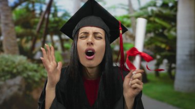 Mezuniyet üniformalı genç İspanyol kadın dışarıda diplomasını tutuyor ve yemyeşil park ortamında duygularını ifade ediyor.