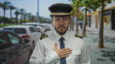 Sokakta duran sakallı, İspanyol üniformalı genç adam, arka planda avuçlar, açık havada şaşkınlığını ifade ediyor..