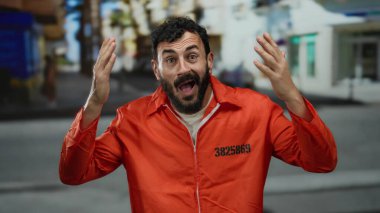 Turuncu hapishane tulumu giymiş, sakallı, güneşli bir sokakta el kol gezen İspanyol bir adam neşe ya da rahatlama ifadesi sergiliyor..