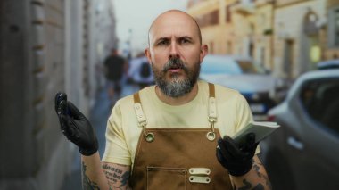 Sakallı ve dövmeli kel bir adam eldiven ve önlük giymiş, elinde not defteri ve kalemle şehir binalarının ve arabaların arka planına karşı duruyor..