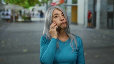 Gri saçlı yaşlı kadın şehir sokaklarında telefonla konuşuyor. İnsanlar ve binalar arasında düşünceli bir yüz ifadesi sergiliyor.