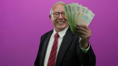 İş ve finans konularında tecrit edilmiş pembe bir geçmişe karşı elinde Czech Koruna banknotları tutan kıdemli bir adam.