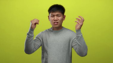 Elleri havada duygularını ifade eden genç bir adam izole edilmiş sarı arka plan üzerinde günlük gri süveter giyiyor..