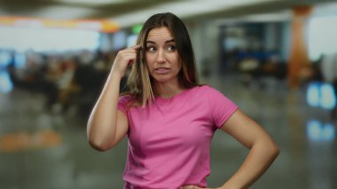 Kadın havaalanında deli gibi jest yapıyor. Kapalı alanda pembe tişört giyiyor. Arka planı bulanık.