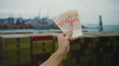 Adam vinçleri ve konteynırları olan bir limanda denizcilik ticareti ayarlayan bir adam tutuyor..