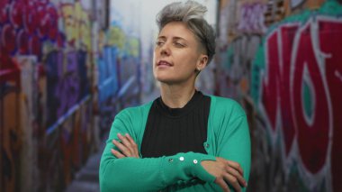 Kısa saçlı, yeşil hırka giyen bir kadın şehir sokaklarında duvar yazısı önünde kollarını kavuşturuyor..