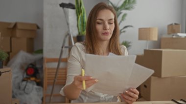 Binanın içinde kutu ve merdiven ile çevrili kalem ve sayfaları çeviren bir kadın; belirsizlik.