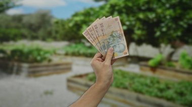 Elinde Romen lei banknotları tutan adam arka planda yeşillik olan bir parkta finansman temasını vurguluyor..