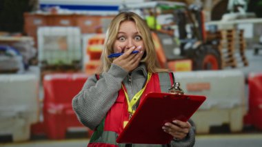 Sarışın ve dosyasına sahip genç gönüllü bir kadın inşaat alanına şaşırmış, açık hava ekipmanları arasında şok edici bir ifade sergiliyor..