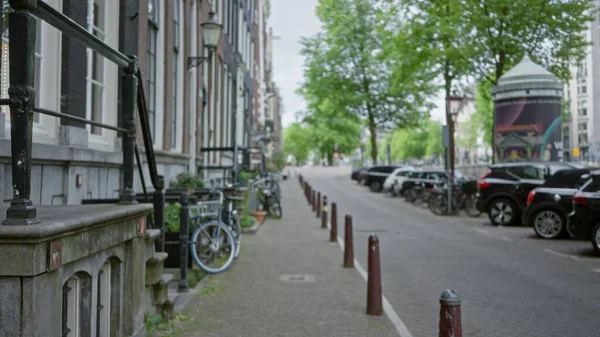 Bisikletler, arabalar ve tarihi mimarinin yer aldığı büyüleyici Amsterdam caddesi manzarası. Bulanık, yeşil ağaçlar ve bulutlu gökyüzü..