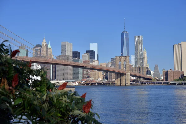 清除在布鲁克林大桥和曼哈顿 纽约的蓝蓝的天空 — 图库照片