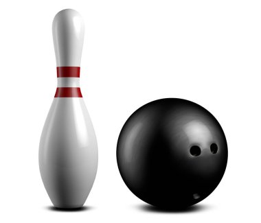 3D render kırmızı çizgileri ve izole beyaz zemin üzerine siyah bir bowling topu beyaz bowling pin