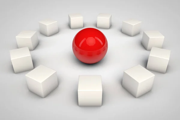 Красная Сфера Белые Кубики Представляющие Идею Лидерства — стоковое фото