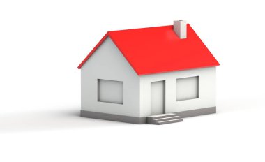 beyaz zemin üzerine kırmızı çatılı bir evin basit bir 3d modeli