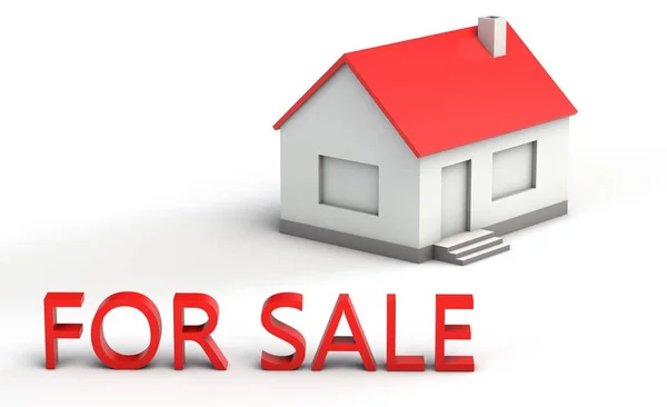 有红色屋顶的房子简单的 模型的出售的牌子 — 图库照片