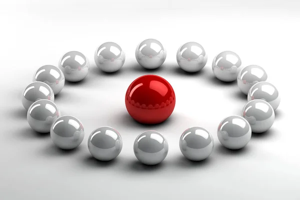 Concepto Reunión Negocios Esferas Blancas Que Rodean Esfera Roja Principal —  Fotos de Stock