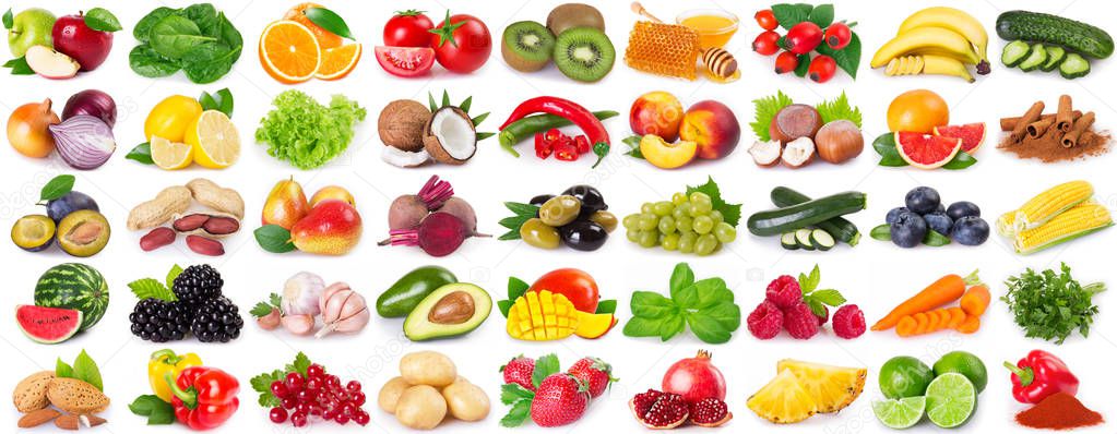 collection of healthy food isolated on white background, set of fresh fruits and vegetables