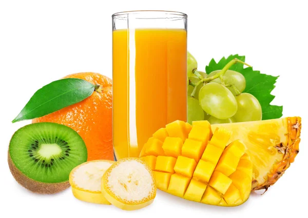 Glas Färsk Juice Med Tropiska Frukter Isolerad Vit Bakgrund — Stockfoto